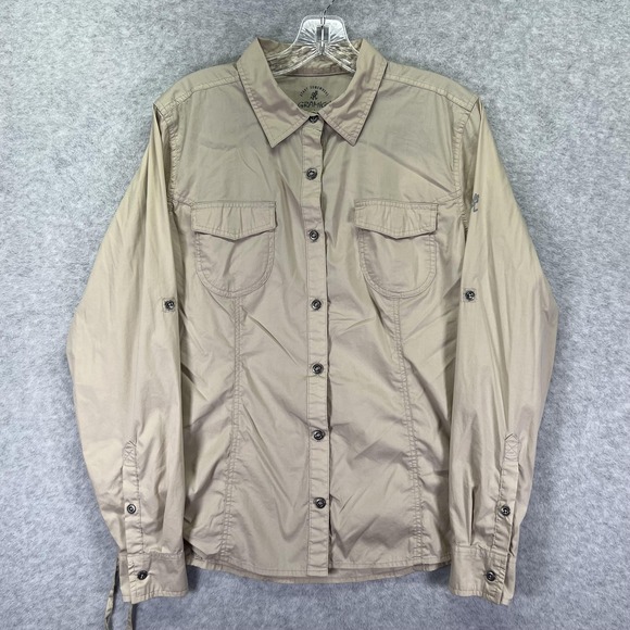 Gramicci Shirt Womens Large Beige Button Up Outdoor Nylon Blend Roll Tab Sleeves - Picture 1 of 7